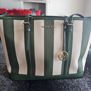Michael Kors Green and White Striped Tote Bag